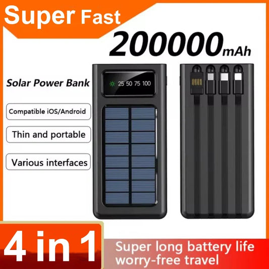 200000mAh Solar Power Bank Ultra Capacity USB 4 in1 Super Fast